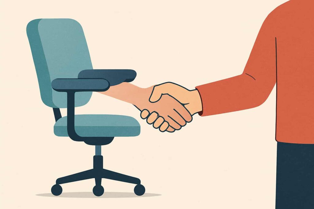 image d'un fauteuil de bureau qui serre la main d'un humain