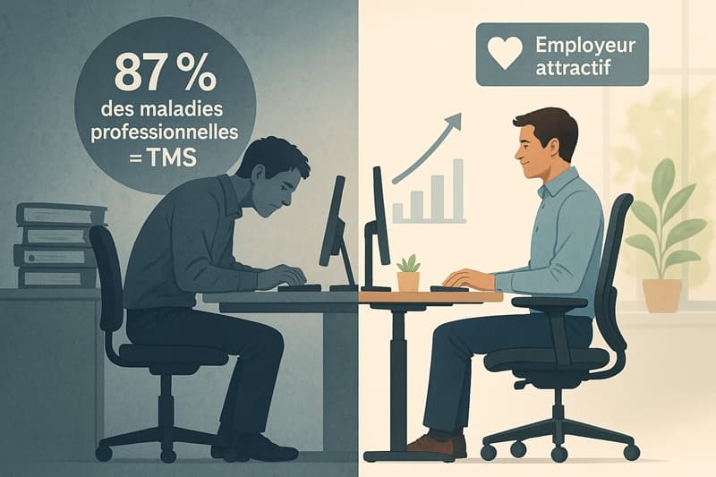 Une illustration en double exposition montre le contraste entre un poste de travail mal conçu, source de fatigue, et un espace ergonomique favorisant bien-être et productivité.