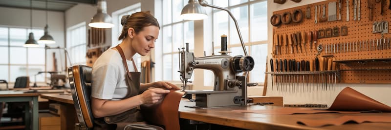 Artisan maroquinier cousant dans un atelier contemporain, poste de travail bien aménagé et lumineux.