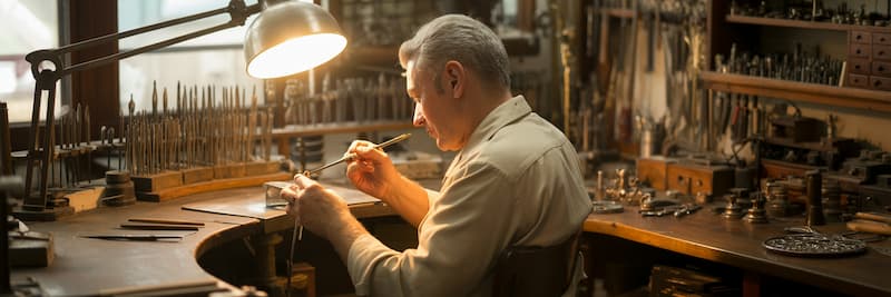 Joaillier expérimenté travaillant un bijou sous lampe orientable, posture droite et bras posés.