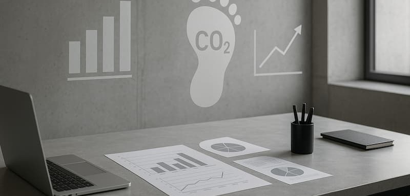 Bureau sobre dans une pièce avec des murs en béton brut. Différents graphes indiquent un travail d'évaluation de l'emprunte carbone.