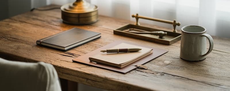 Scène minimaliste montrant un poste de travail épuré et stable, utilisé depuis longtemps, avec des matériaux nobles et patinés par le temps